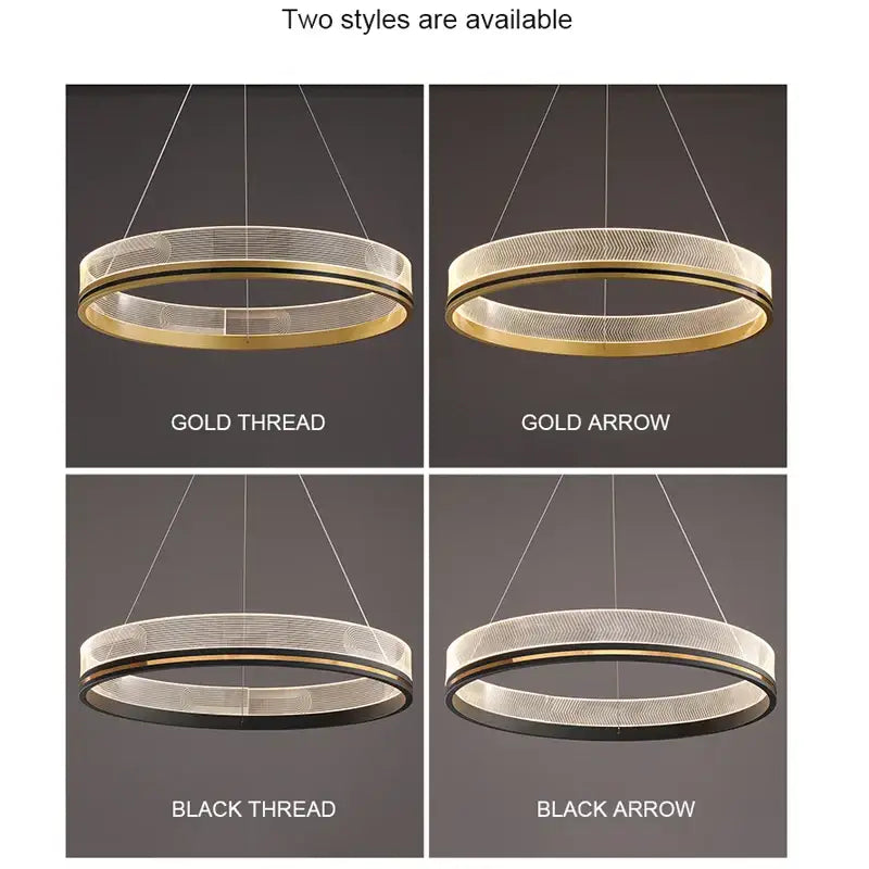 Modern black gold led pendant light with sleek concentric rings in polished brass and black metal for dining room