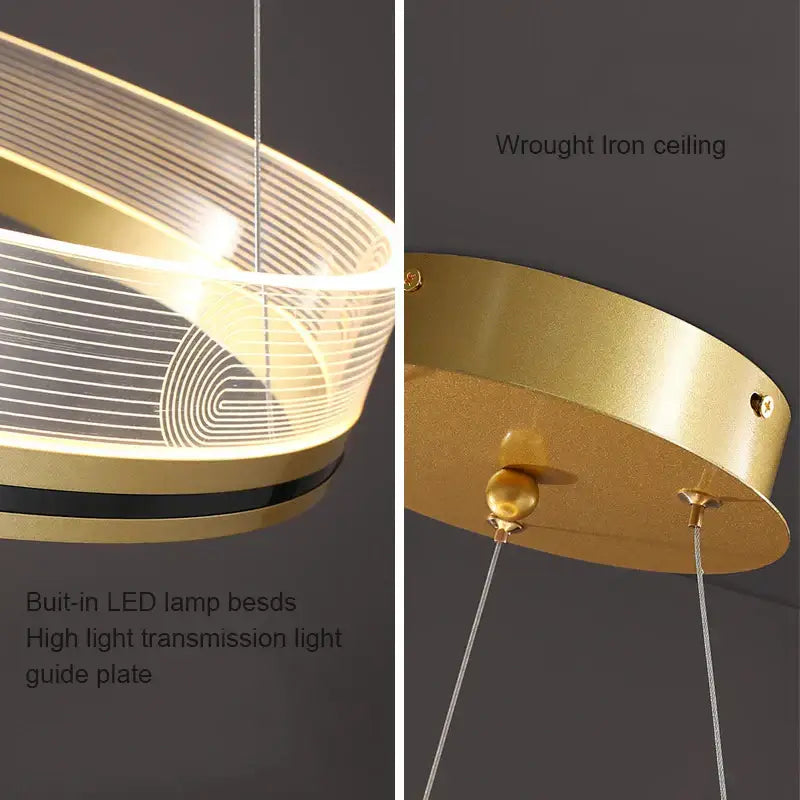Modern black gold led pendant light with gold-toned curved design and transparent wire mesh for dining room lighting