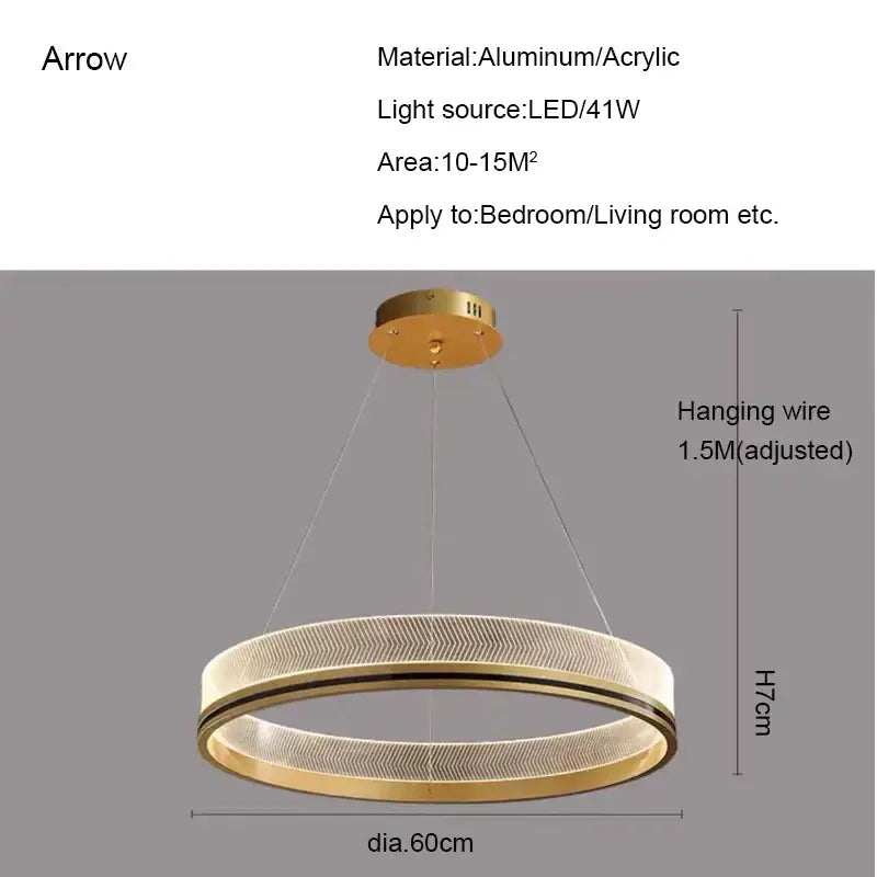 Modern black gold led pendant light with gold-toned aluminum and acrylic circular design and black trim for dining room
