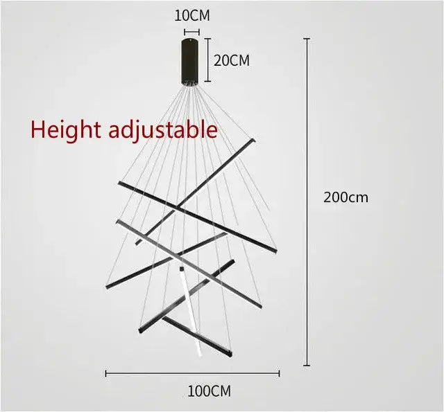 Modern black and white led stair chandelier with height-adjustable intersecting rods for decorbites black led lighting