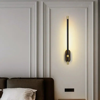 Modern black and gold wall lamp with decorbites led strip featuring sleek minimalist design for bedroom decor