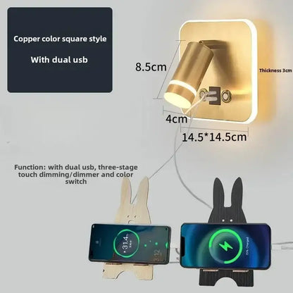 Modern black and gold copper wall lamp with led usb reading ports and touch dimming for bedroom lighting