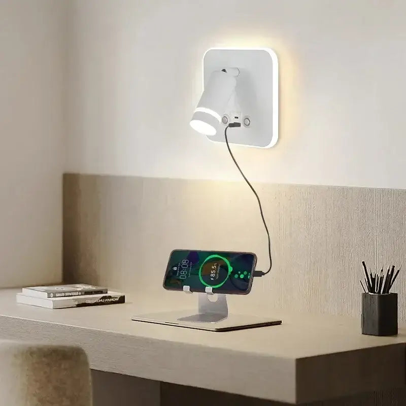 White wall lamp with adjustable led usb reading spotlight and integrated charging port for bedroom use