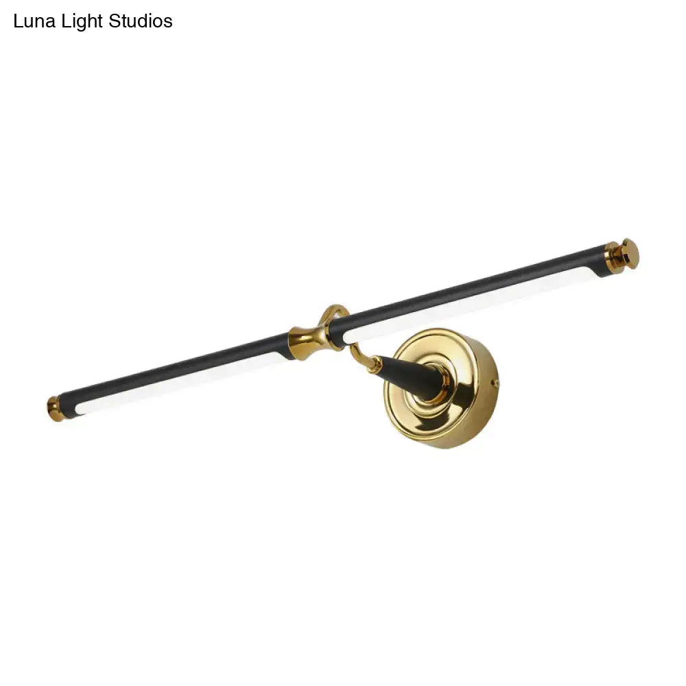 Modern black and gold led vanity wall light with polished brass accents and elongated bar for bathroom sconce use