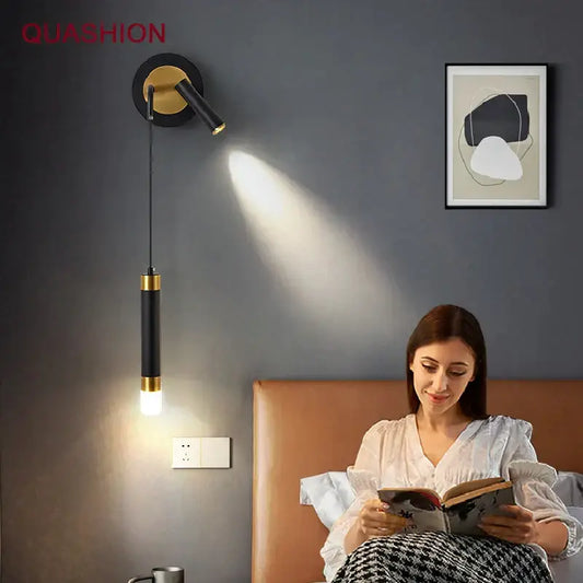 Modern black and gold led wall lamp with adjustable spotlight for bedroom reading decorbites gold led wall light
