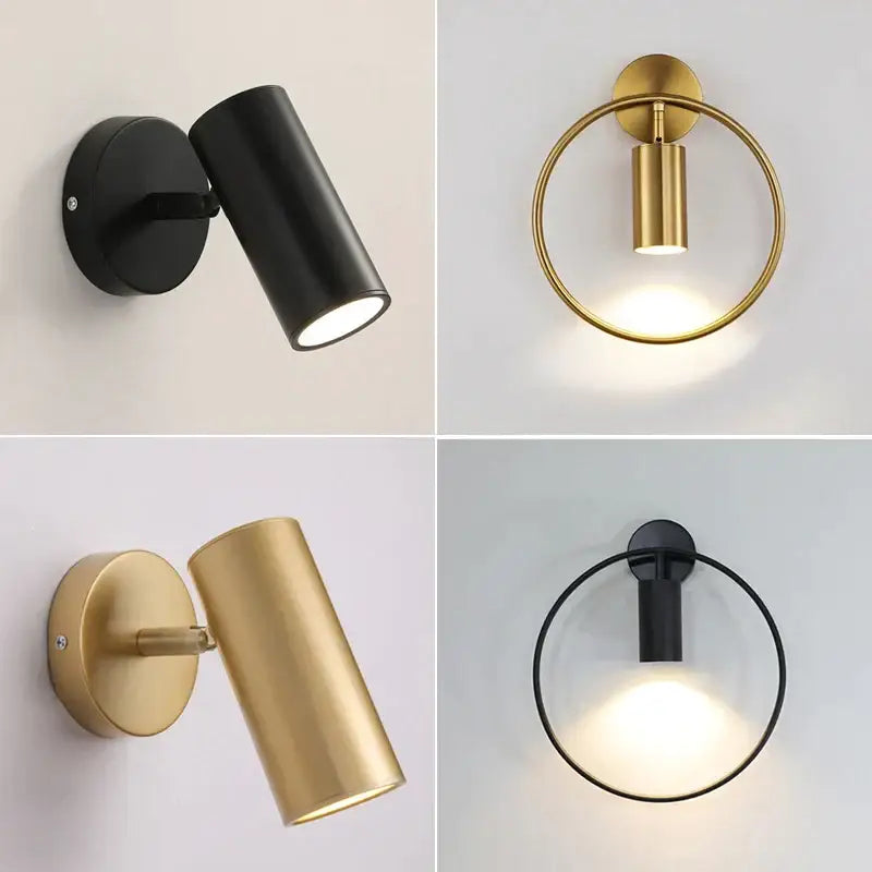 Modern black and gold led wall lamp with adjustable cylindrical design for bedroom lighting and decor
