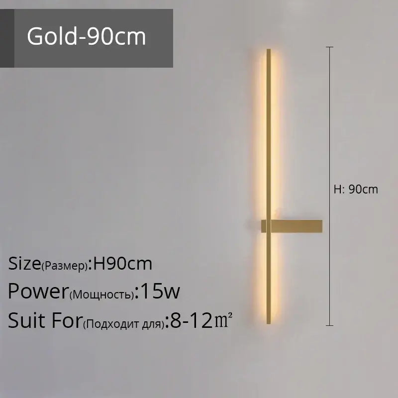 Gold-colored 90cm tall modern led wall lamp with sleek vertical bar and horizontal accent for minimalist living room use