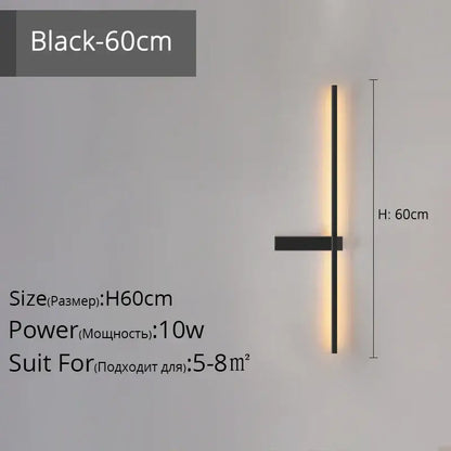 Modern black and gold led wall lamp with a sleek vertical bar and warm light for minimalist living room decor