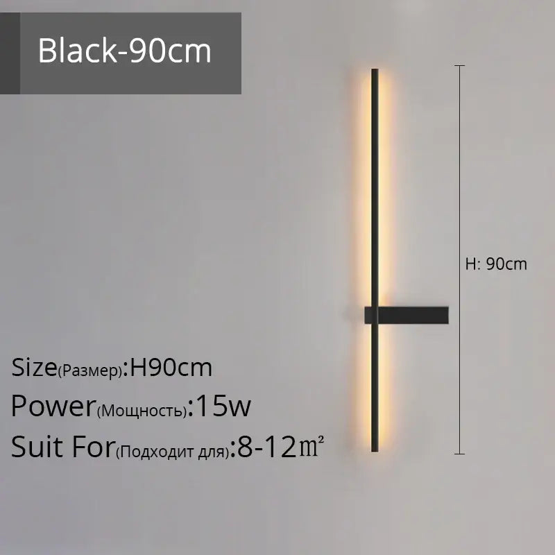 Modern black and gold led wall lamp with 90cm minimalist vertical light bar and horizontal accent arm for living room