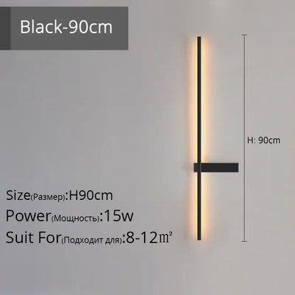 Modern black and gold led wall lamp with 90cm minimalist vertical light bar and horizontal accent arm for living room