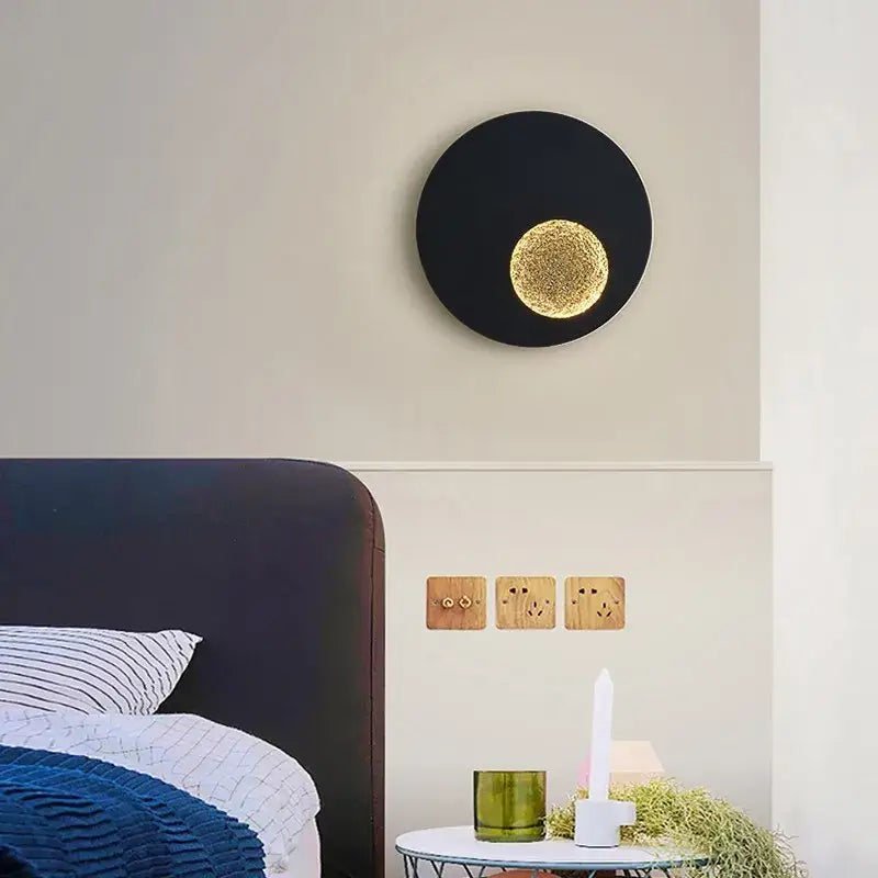 Modern black and gold circular wall lights with textured gold center by decorbites led wall lights for bedroom decor