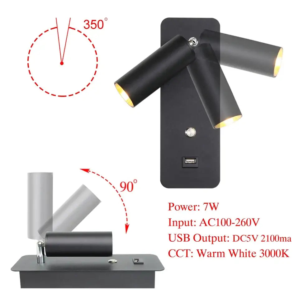 Modern black and gold wall lights with two adjustable arms usb output port and warm white 3000k lighting decorbites led wall