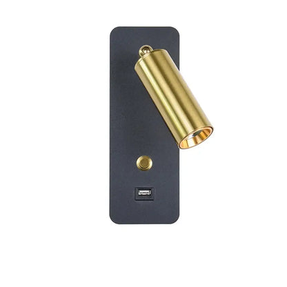 Modern black and gold led wall lights with polished brass cylinder head and usb charging port for bedroom decorbites
