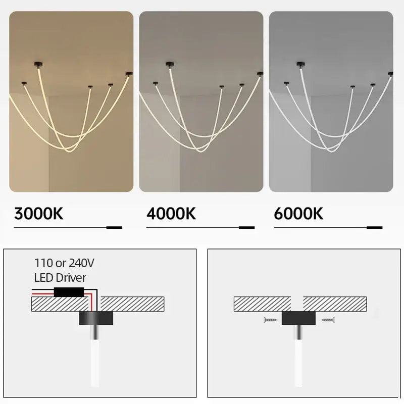 Modern black and gold linear pendant light with sleek curved white cables and adjustable led light source temperature