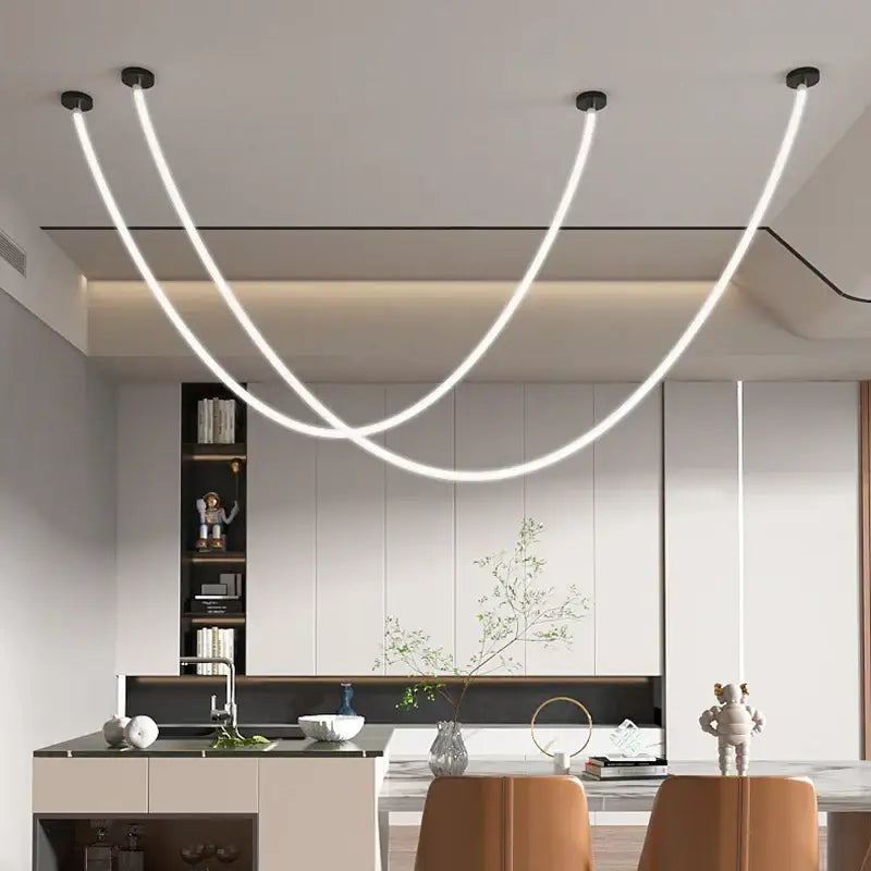 Modern black and gold linear pendant light with white led chandelier and curved arms ceiling mounts as light source
