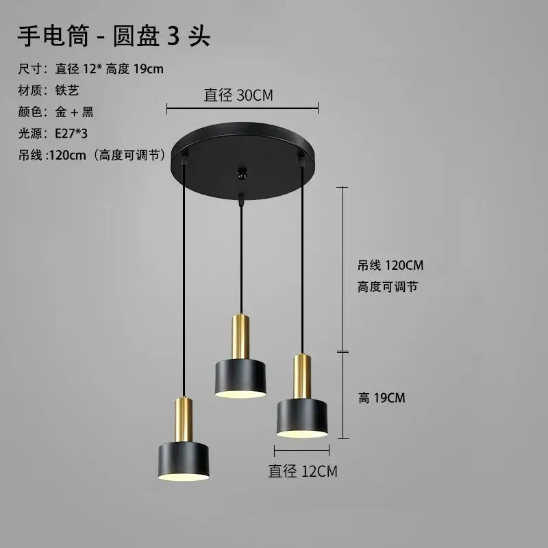 Modern black and gold metal finish pendant light with three heads and circular iron base for kitchen lighting