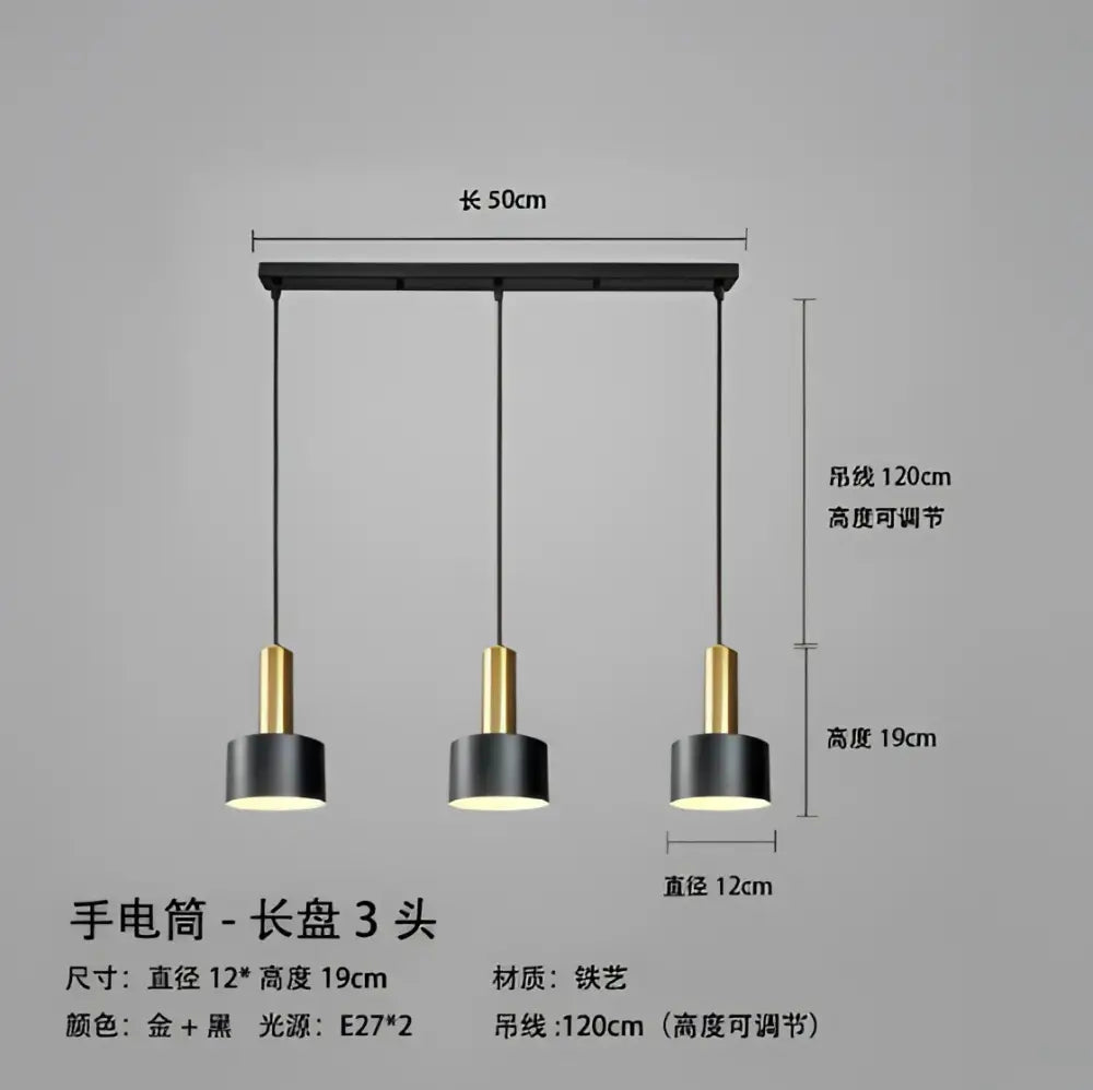 Modern black and gold three-head pendant light with metal finish designed for kitchen with brushed nickel accents