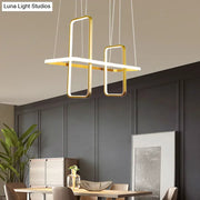 Modern black gold metal rectangle ceiling pendant with gold frame and white LED strips for kitchen lighting