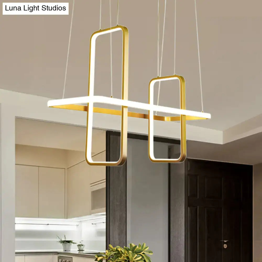 Modern black gold metal rectangle ceiling pendant with gold frame and illuminated white led strips for kitchen lighting