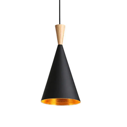 Modern black and gold musical pendant light with wooden top and gold-lined interior for dining room lighting