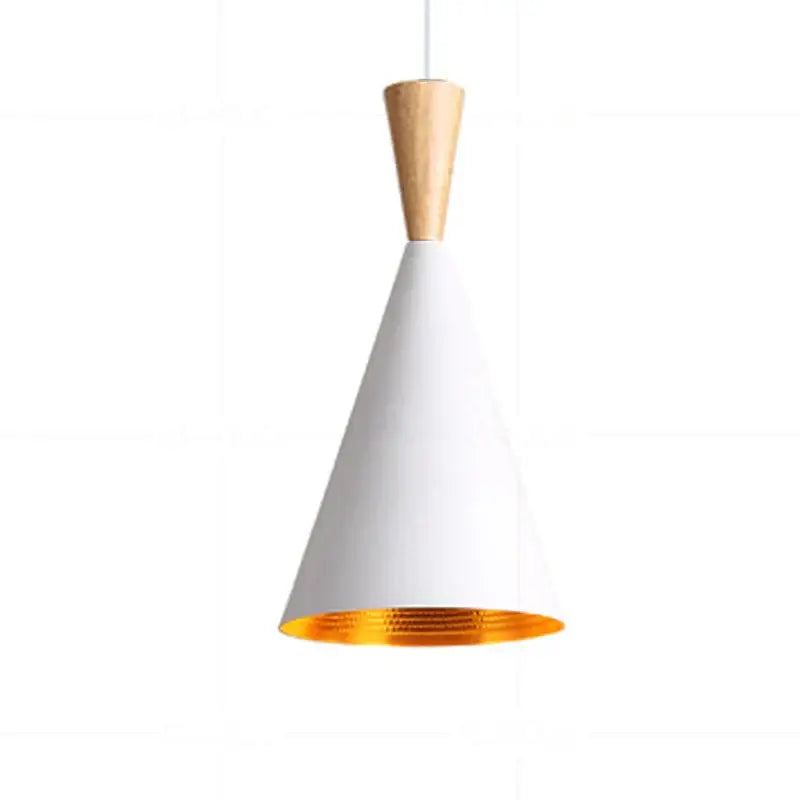 White conical pendant light with wooden top and gold-lined interior modern gold musical pendant for dining room