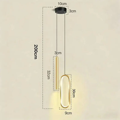 Modern black and gold pendant light with a sleek oval design and white light source for dining room use