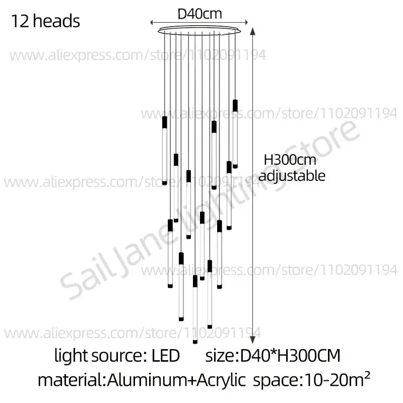 Modern black and gold pendant chandelier with 12 adjustable LED light sources in aluminum and acrylic design for staircases