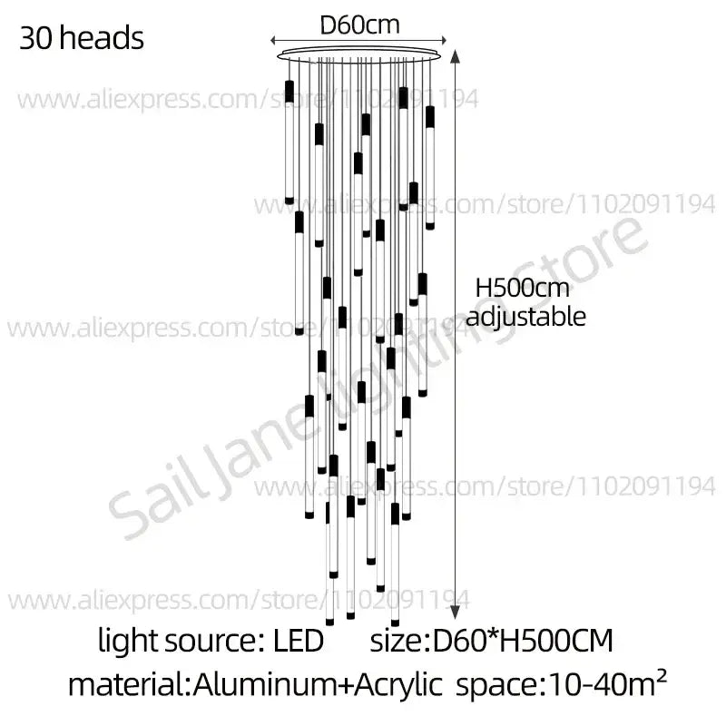 Modern black and gold pendant chandelier with 30 black and white acrylic heads and polished steel adjustable base