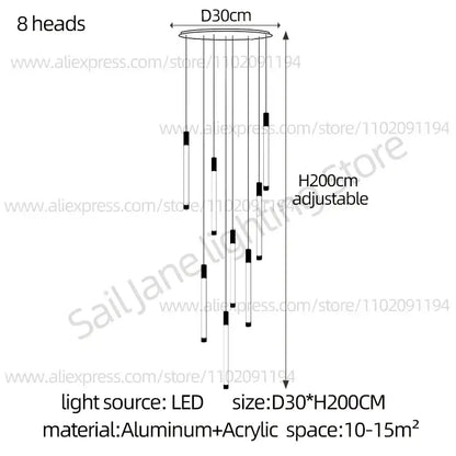 Modern black and gold pendant chandelier with eight sleek aluminum and acrylic led light sources for staircase lighting