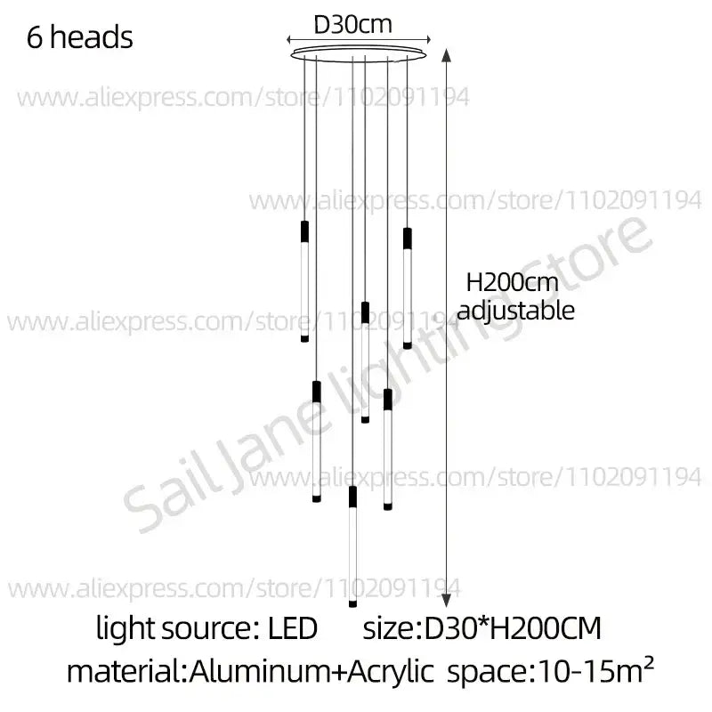 Modern black and gold pendant chandelier with six slender led light sources and adjustable black and white acrylic rods