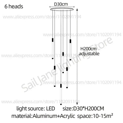 Modern black and gold pendant chandelier with six slender led light sources and adjustable black and white acrylic rods