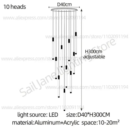 Modern black and white pendant chandelier with sleek aluminum frame and acrylic accents for staircase lighting