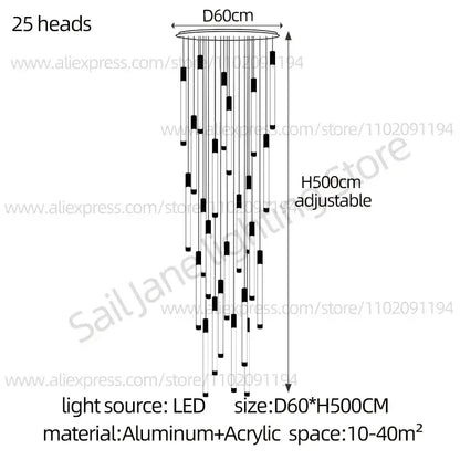 Modern black and white pendant chandelier with 25 light heads in polished steel aluminum and acrylic for staircase lighting