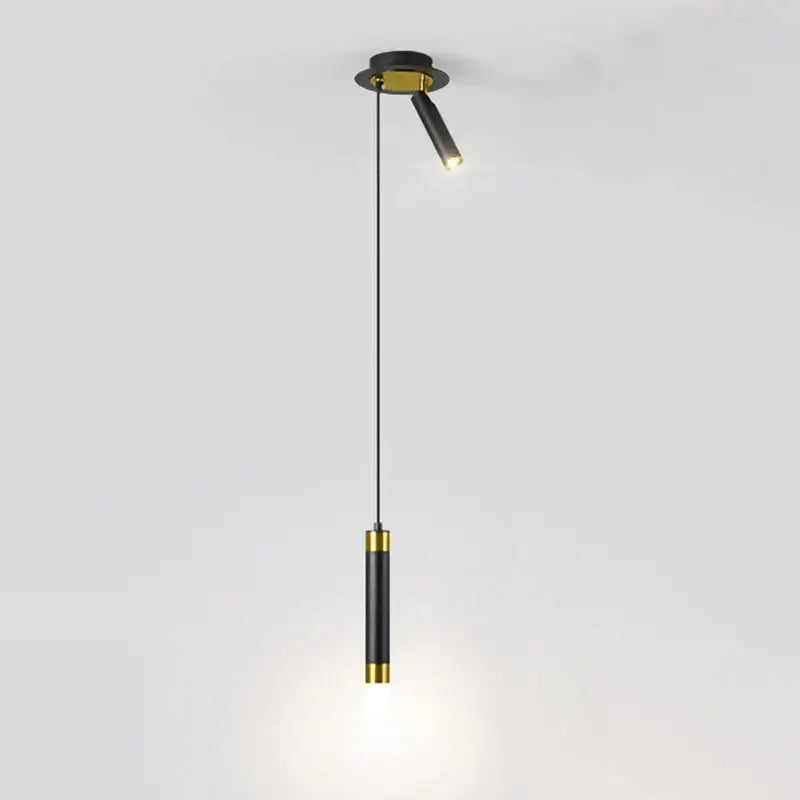 Modern black and gold cylindrical pendant light with adjustable dual spotlights for stylish modern interiors light sources