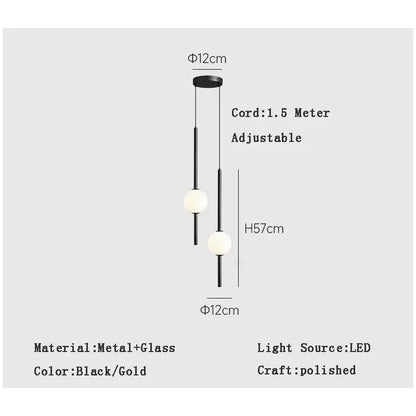 Modern black and gold pendant light with two spherical glass globes and adjustable rods for living room decorbites gold pendant