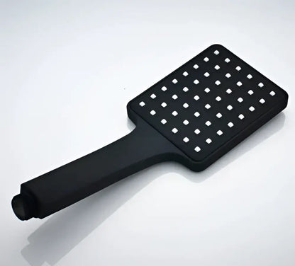 Black rainfall shower head with matte finish and evenly spaced square perforations for modern bathroom use