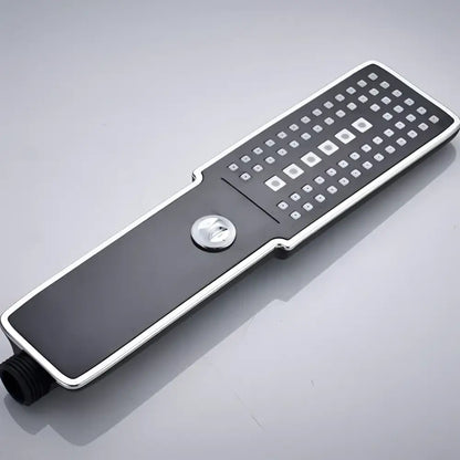 Modern black and chrome rainfall shower head with sleek rectangular design and square nozzles for bathroom use