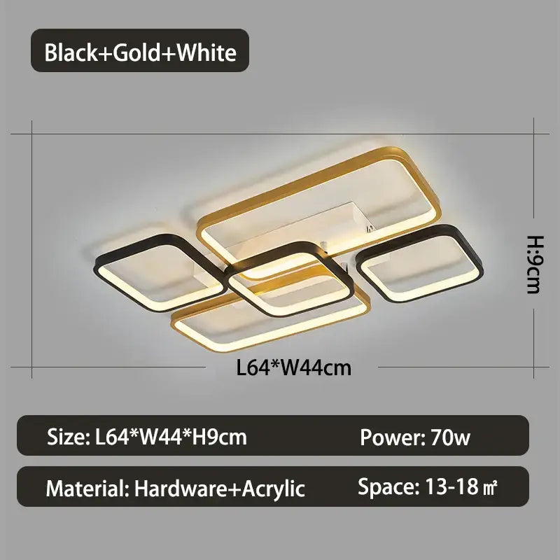 Modern black and gold rectangular decorbites dimmable led ceiling light fixture with white accents for living room use