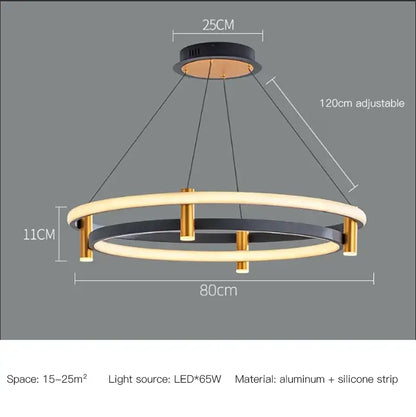 Modern black and gold ring led pendant featuring a sleek aluminum frame and silicone strip lighting for dining room decorbites black ring chandelier