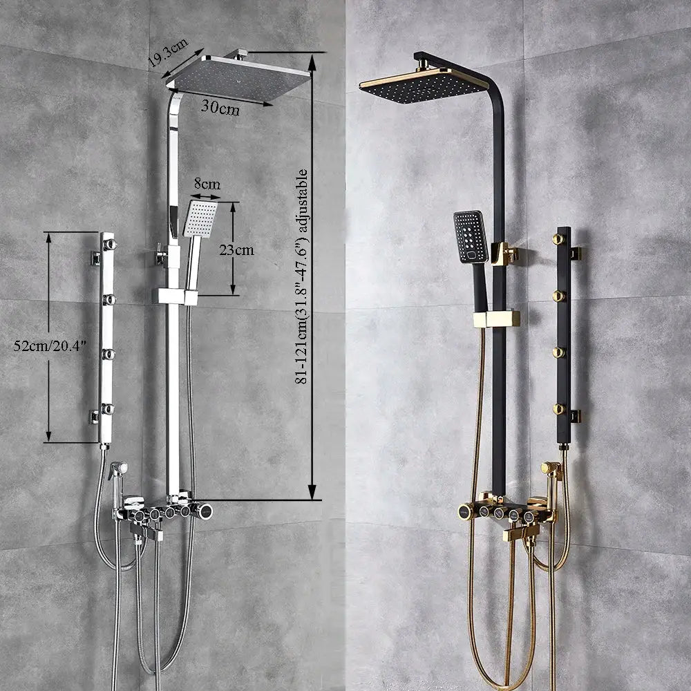 Modern black and gold shower faucet set with chrome and gold shower faucet featuring square rainhead and handheld sprayer