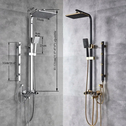 Modern black and gold shower faucet set with chrome and gold shower faucet featuring square rainhead and handheld sprayer