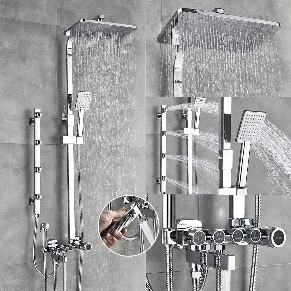 Modern black and gold shower faucet set with chrome finish large square rainhead handheld spray nozzle and multiple knobs