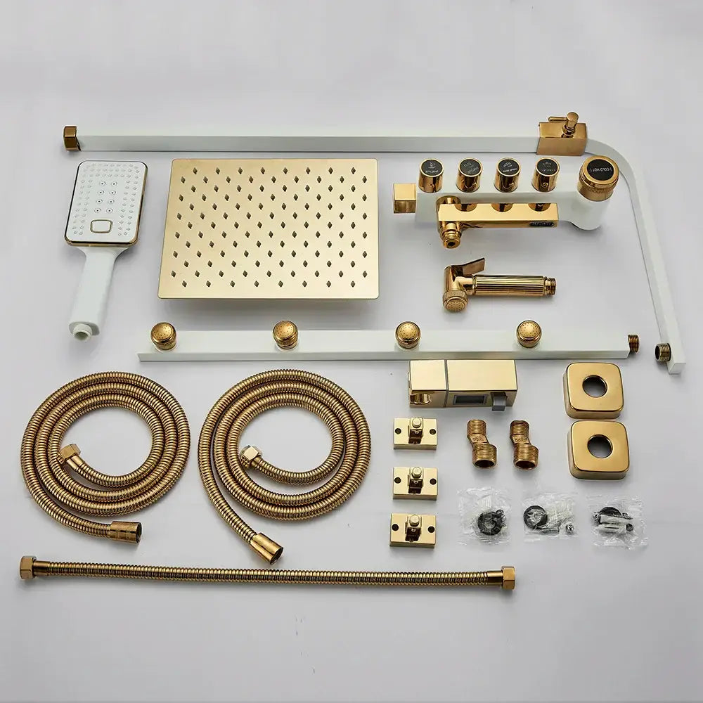 Gold-finished brass shower faucet set with rectangular rainhead, handheld sprayer, and matching hoses for modern bathrooms