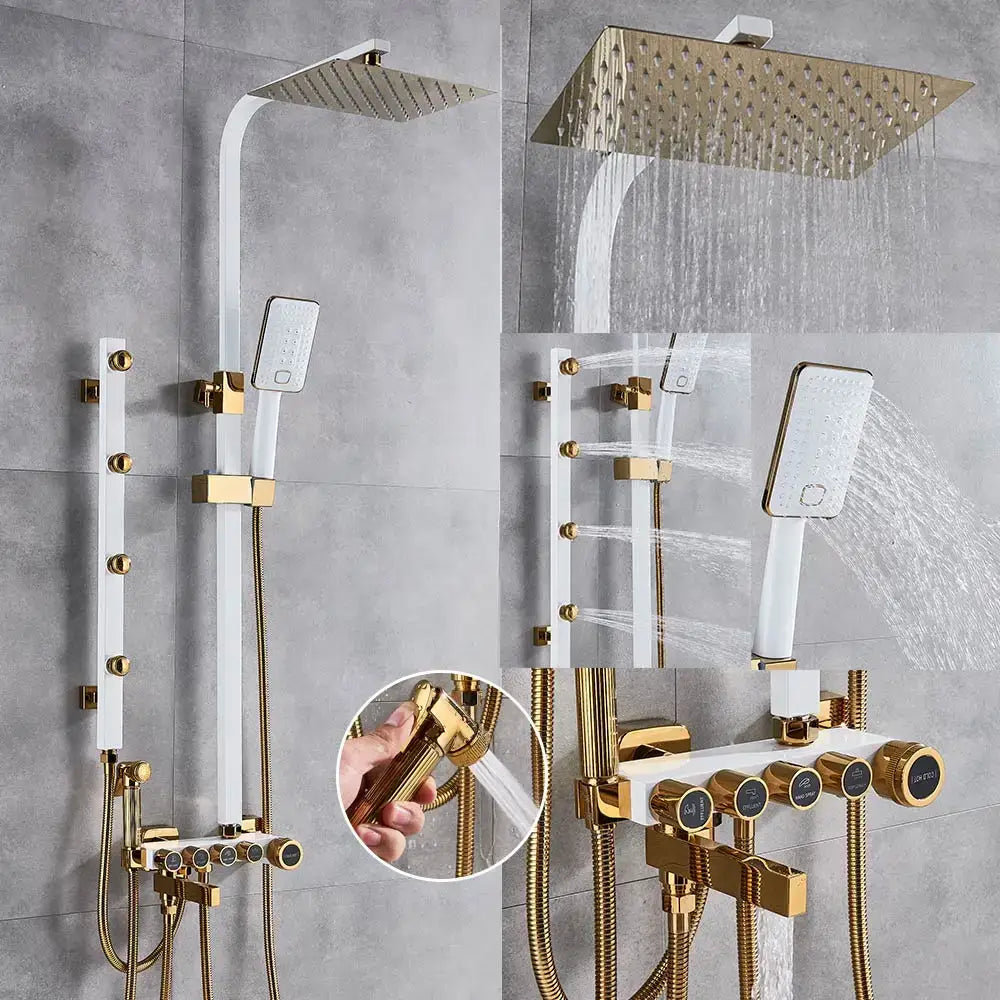 Modern black and gold shower faucet set with gold finish rainhead, handheld spray, and integrated control panel
