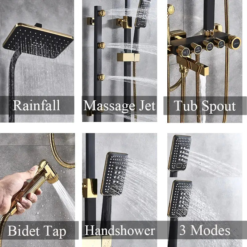 Modern black and gold shower faucet set with rainfall, massage jets, tub spout, bidet tap, and three mode settings