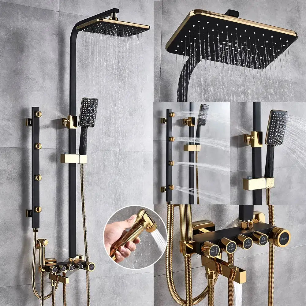 Modern black and gold shower faucet set with rectangular rainhead handheld spray and wall-mounted control panel