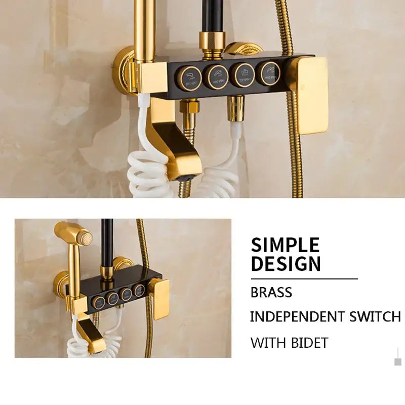 Modern black and gold brass shower faucet set with independent switch for bidet function in bathroom rainfall system