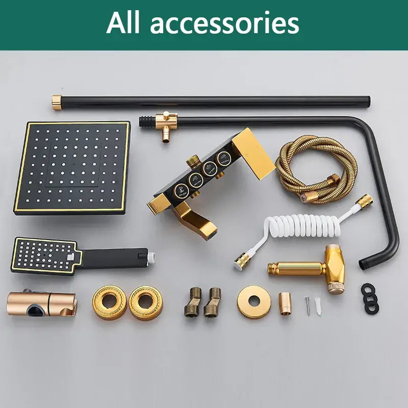 Modern black and gold shower faucet set with square rainhead handheld showerhead and multi-function control valve