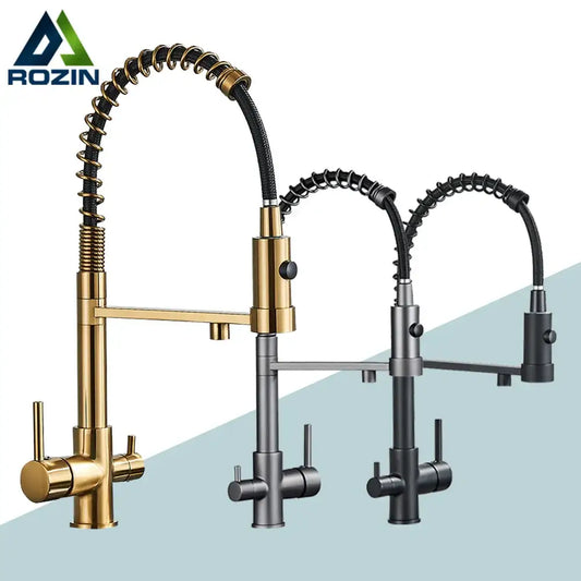 Modern black gold and silver water filter faucet kitchen flexible tap with pull-down spray for drinking water filter use