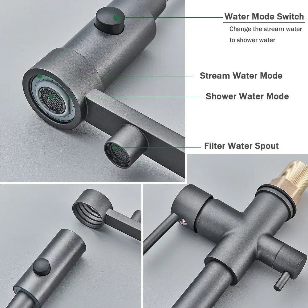 Modern black gold and silver water filter faucet with matte black finish, multiple spray modes, and integrated filter spout decorbites black drinking water filter